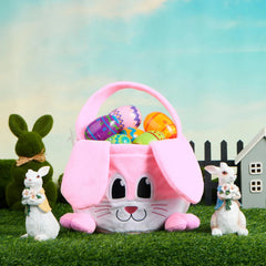 10x8 Inch Pink Rabbit Basket with Foldable Ears, Soft Empty Basket with Handle