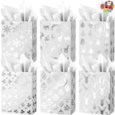 12 Pack Christmas Holiday Foil Gift Bags - Silver, 8 x 4.5 x 10.5 Inches