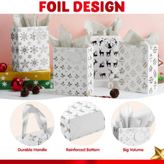 12 Pack Christmas Holiday Foil Gift Bags - Silver, 8 x 4.5 x 10.5 Inches