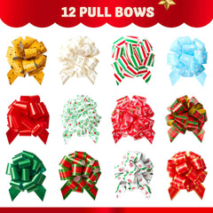 12 PCS Christmas Pull Bows with Ribbon, 5 Inches Wide