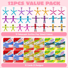 12-Pack Valentine's Day Telescopic Suction Pop Tubes with Cards - Kids Toys Party Favors