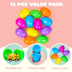 12 Pack 3.15 Inch Prefilled Easter Eggs with Die-Cast Pull Back Cars