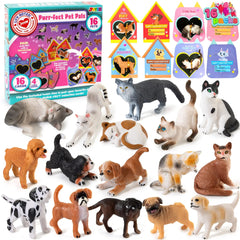 16Pcs Kids Valentine's Day Cards with Dog and Cat Figure Toys - Classroom Exchange Gifts