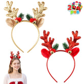 2 Pcs Golden & Red Reindeer Headbands with Glitter