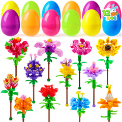 12 Prefilled Easter Eggs with Flower Building Blocks for Kids Egg Hunt