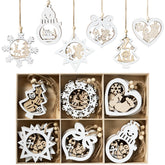 24 Pcs Christmas Wooden Carved Hanging Ornaments for Holiday Decor
