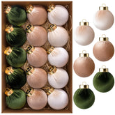 15 Pcs Christmas Velvet Ball Ornaments Set, 2.36" Green Brown Neutral