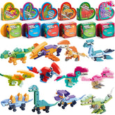 12 Packs Valentine's Dinosaur Building Blocks Toys with Heart Boxes for Party Favors
