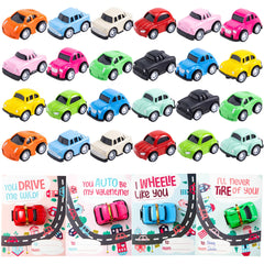 24Pcs Kids Valentine's Cards with Pull Back Car Toys - Classroom Exchange Gifts