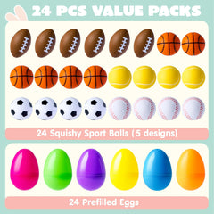 24 Pre-Filled Easter Eggs with Sports Stress Balls Squishy Toy for Kids Easter Egg Hunt