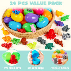 24 Pcs Prefilled Easter Eggs with 3D Printed Articulated Toys, Party Favors for Kids