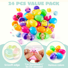 24 Prefilled Easter Eggs with Cute Mochi Squishy Toys for Egg Hunt, Basket Stuffers & Party Favors