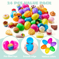 24Pcs Prefilled Easter Eggs with Fast Food & Dessert Mochi Squishy Toys for Egg Hunt, Party Favors & Basket Stuffers