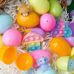 24 Prefilled Easter Eggs with Mochi and Pop Bubble Keychains for Kids Egg Hunt