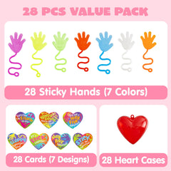 28 Pack Valentine's Day Sticky Hands with Cards, Classroom Exchange Gift for Kids