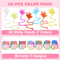 28 Pack Valentine's Day Sticky Hands with Cards, Classroom Exchange Gift for Kids
