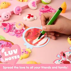28 Packs Valentine's Day Gift Cards with Candy Mochi Squishy Toys for Kids Classroom Gift Exchange