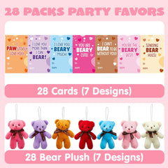 28 Pack Valentine's Day Gift Cards with Mini Bear Plush Toys for Kids Classroom School Exchange