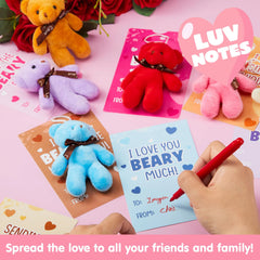 28 Pack Valentine's Day Gift Cards with Mini Bear Plush Toys for Kids Classroom School Exchange