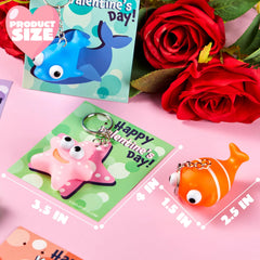 28 Valentine's Day Gift Cards with Sea Animal Pop-Up Eye Keychains