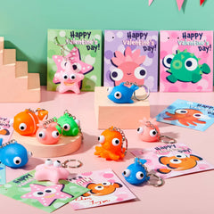 28 Valentine's Day Gift Cards with Sea Animal Pop-Up Eye Keychains