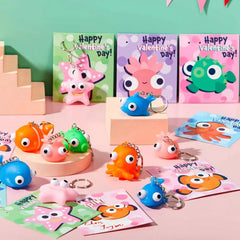 28Pcs Animal Keychains with Bulging Eyes and Kids Valentines Cards