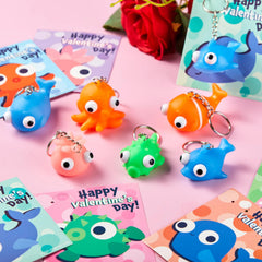 28 Valentine's Day Gift Cards with Sea Animal Pop-Up Eye Keychains