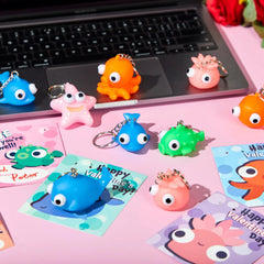 28 Valentine's Day Gift Cards with Sea Animal Pop-Up Eye Keychains