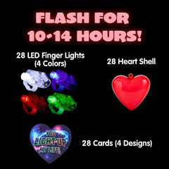 28-Piece LED Finger Light Heart Shells with Valentine's Day Cards for Kids Classroom Exchange Gifts