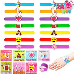 28Pcs Kids Valentine's Cards with Charm Slap Bracelet - Classroom Exchange Gifts