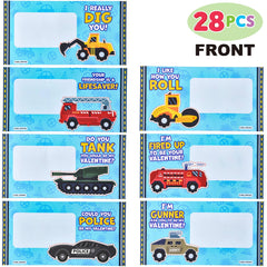 28-Pack Kids Valentine's Cards with Die-Cast City Vehicle Toys - Classroom Exchange Gifts