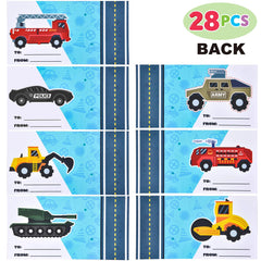 28-Pack Kids Valentine's Cards with Die-Cast City Vehicle Toys - Classroom Exchange Gifts