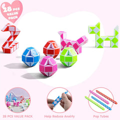 28Pcs Kids Valentine's Cards with Snake Cube Twist Puzzles - Classroom Exchange Gifts