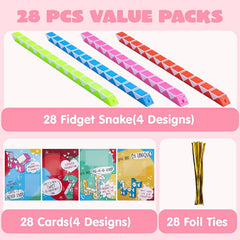28Pcs Kids Valentine's Cards with Snake Cube Twist Puzzles - Classroom Exchange Gifts