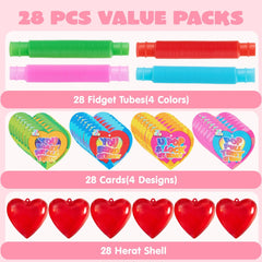 28-Pack Push Bubble Tubes Heart Shell Filled Hearts with Valentine's Day Cards for Kids Classroom Exchange Gifts