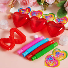 28-Pack Push Bubble Tubes Heart Shell Filled Hearts with Valentine's Day Cards for Kids Classroom Exchange Gifts
