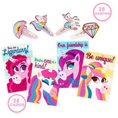 28 Unicorn Hairpins with Valentine's Day Cards for Kids - Classroom Exchange Gifts