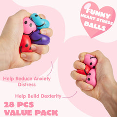 28 Heart-Shaped Squeeze Balls with Valentine's Day Cards for Kids Classroom Exchange Gifts