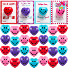 28 Heart-Shaped Squeeze Balls with Valentine's Day Cards for Kids Classroom Exchange Gifts