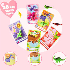 28Pcs Kids Valentine's Day Cards with Dinosaur Figure Toys - Classroom Exchange Gifts