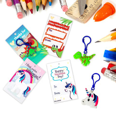 28-Piece Unicorn and Dinosaur Keychain Set with Valentine's Day Cards for Kids