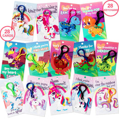 28-Piece Unicorn and Dinosaur Keychain Set with Valentine's Day Cards for Kids