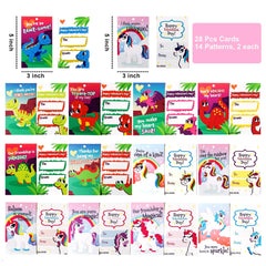 28-Piece Unicorn and Dinosaur Keychain Set with Valentine's Day Cards for Kids