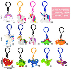 28-Piece Unicorn and Dinosaur Keychain Set with Valentine's Day Cards for Kids