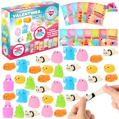 28 Glitter Mochi Squishy Toys with Valentine's Cards for Classroom Exchange