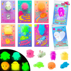 28 Glitter Mochi Squishy Toys with Valentine Cards for Classroom Exchange