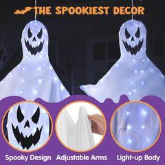 2-Pack 55-Inch Halloween Light-Up Windsock Hanging Ghost with 80 White Lights