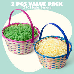 2-Pack Easter Blue & Pink Round Bamboo Woven Gift Basket with Foldable Handle