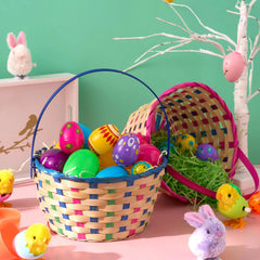 2-Pack Easter Blue & Pink Round Bamboo Woven Gift Basket with Foldable Handle