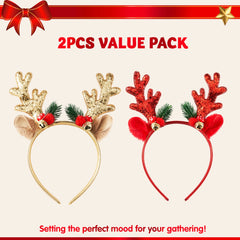 2 Pcs Golden & Red Reindeer Headbands with Glitter